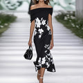 Women’s Midi Dress – Off Shoulder – Fitted Waist – Floral Print – Breathable Blend