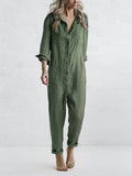 Women's Jumpsuit - Button Down - Long Sleeve Roll Tab - Relaxed Fit - Straight Leg