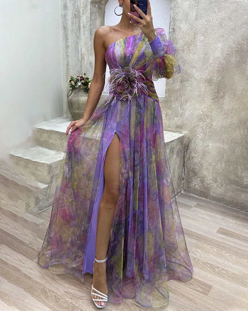 Women's One-Shoulder Evening Gown - Elegant Floral Print - Asymmetrical Sleeves - Side Cutouts