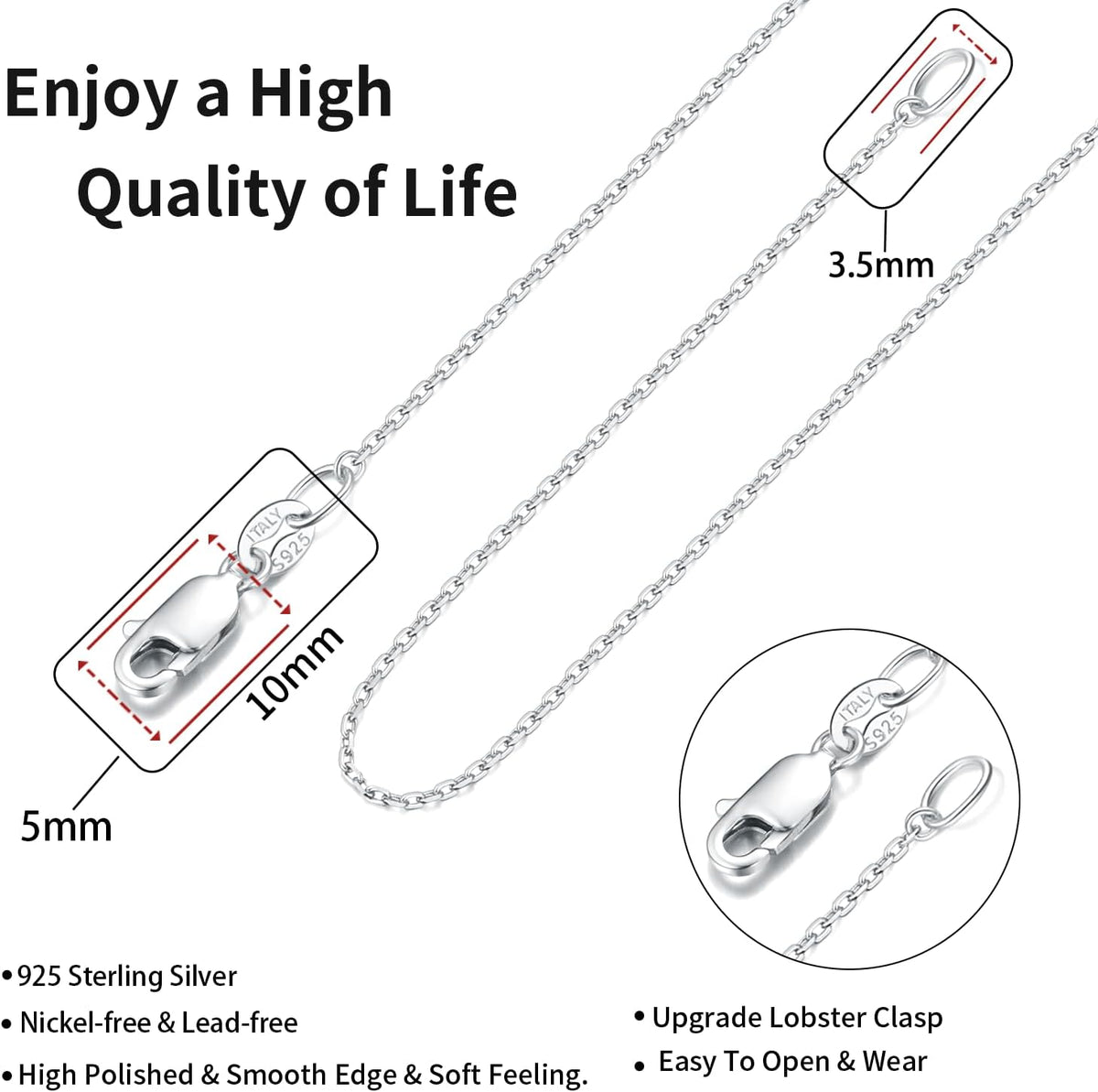 Jewlpire 925 Sterling Silver Cable Chain Necklace for Women – 18 Inch, 1.1mm, Rhodium Plated