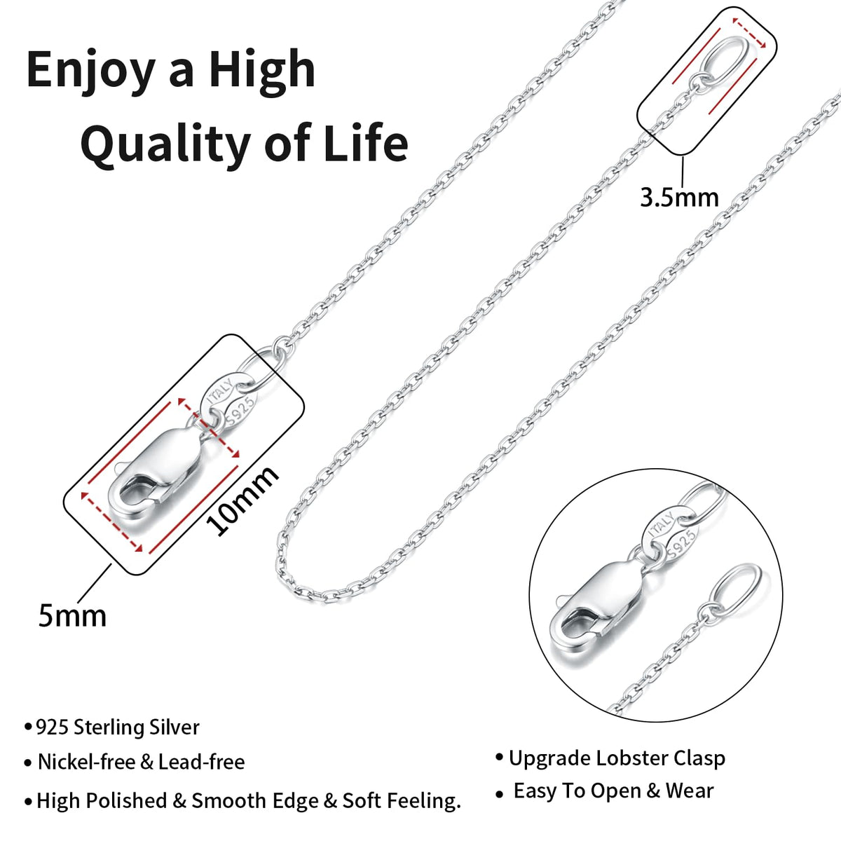 Jewlpire 925 Sterling Silver Cable Chain Necklace for Women – 18 Inch, 1.1mm, Rhodium Plated