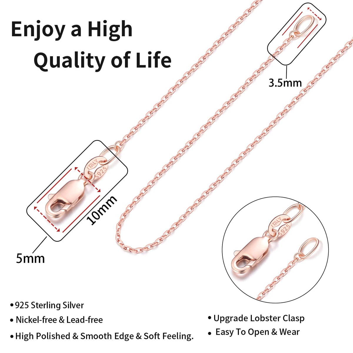 Jewlpire 925 Sterling Silver Cable Chain Necklace for Women – 18 Inch, 1.1mm, Rhodium Plated