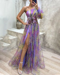 Women's One-Shoulder Evening Gown - Elegant Floral Print - Asymmetrical Sleeves - Side Cutouts