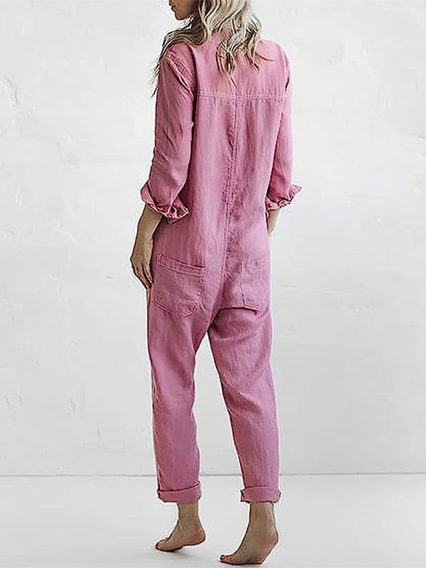 Women's Jumpsuit - Button Down - Long Sleeve Roll Tab - Relaxed Fit - Straight Leg
