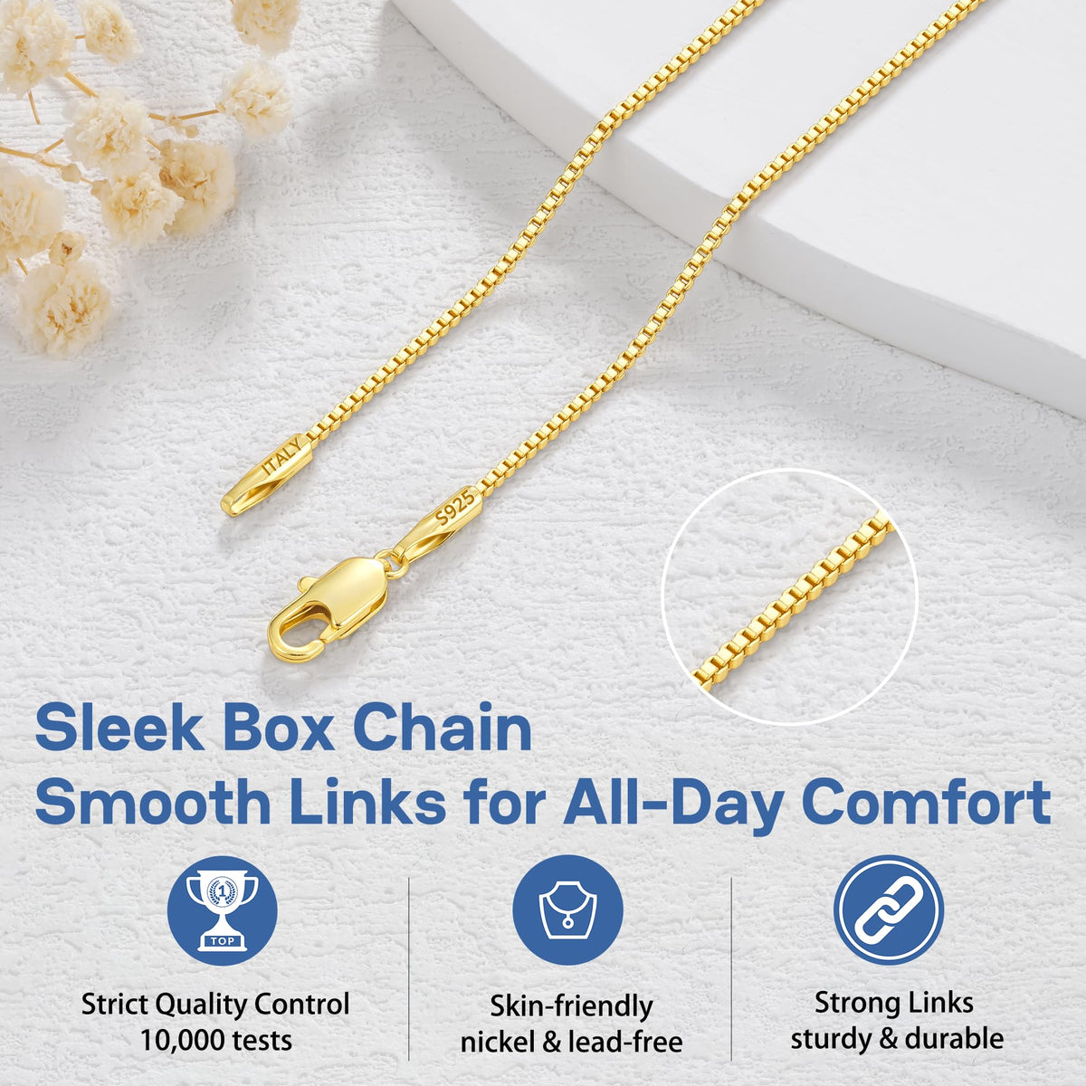 Jewlpire 14K Gold Plated 925 Sterling Silver Box Chain Necklace for Women – 18 Inch, 1.3mm