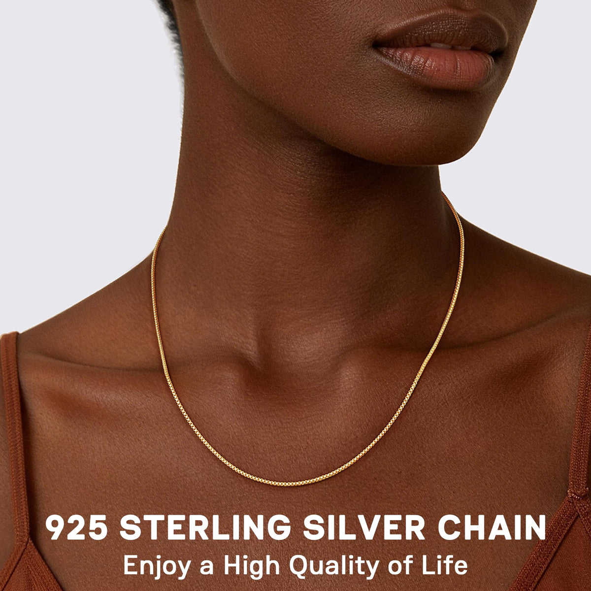 Jewlpire 14K Gold Plated 925 Sterling Silver Box Chain Necklace for Women – 18 Inch, 1.3mm