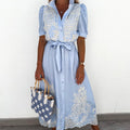 Embroidered Blue Dress with Elegant Detailing for Versatile Style