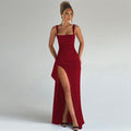 Women’s Evening Gown – Slim Fit – Satin Finish – Spaghetti Straps – High Slit – Open Back