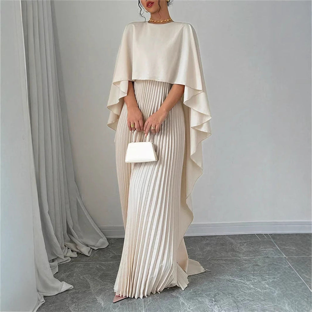 Women’s Maxi Dress – High Neck – Batwing Sleeves – Pleated Skirt – Flowing Fit