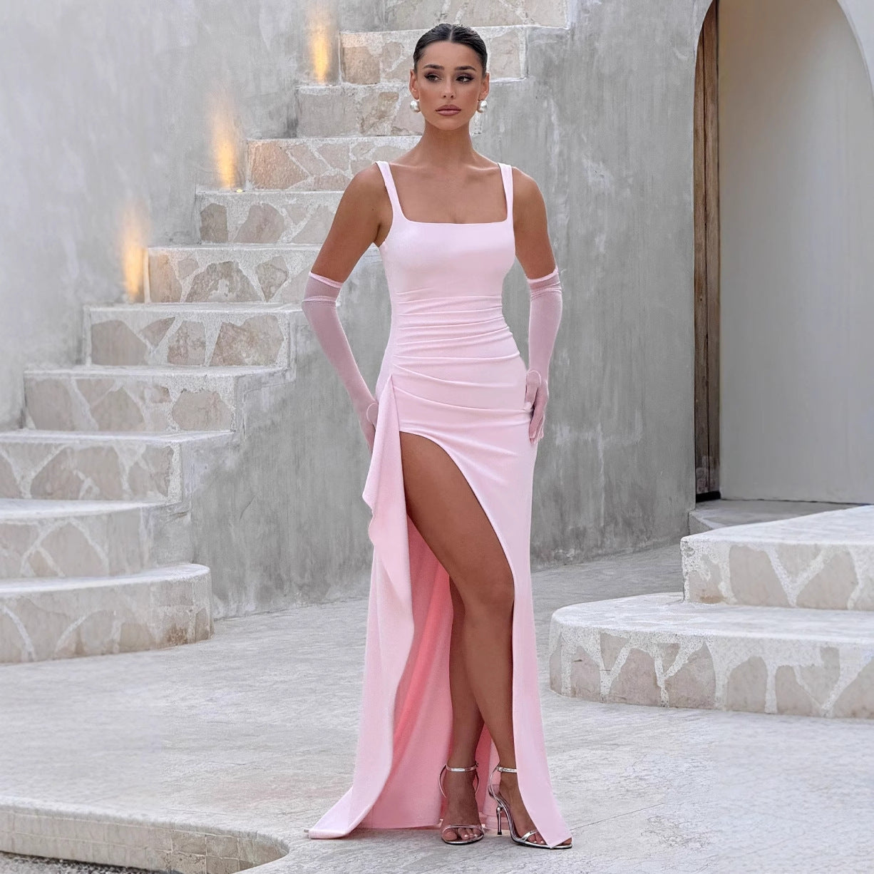Women’s Evening Gown – Slim Fit – Satin Finish – Spaghetti Straps – High Slit – Open Back