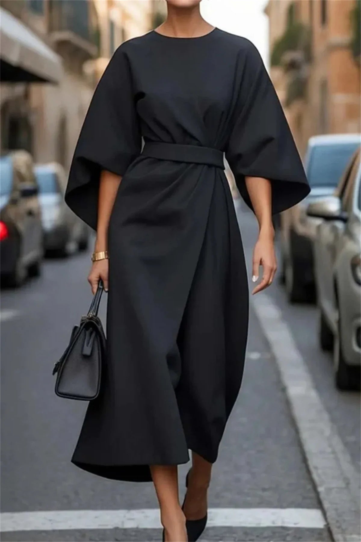 Women's Midi Dress - Structured A-Line - Belted Waist - Bell Sleeve Elegant Wear