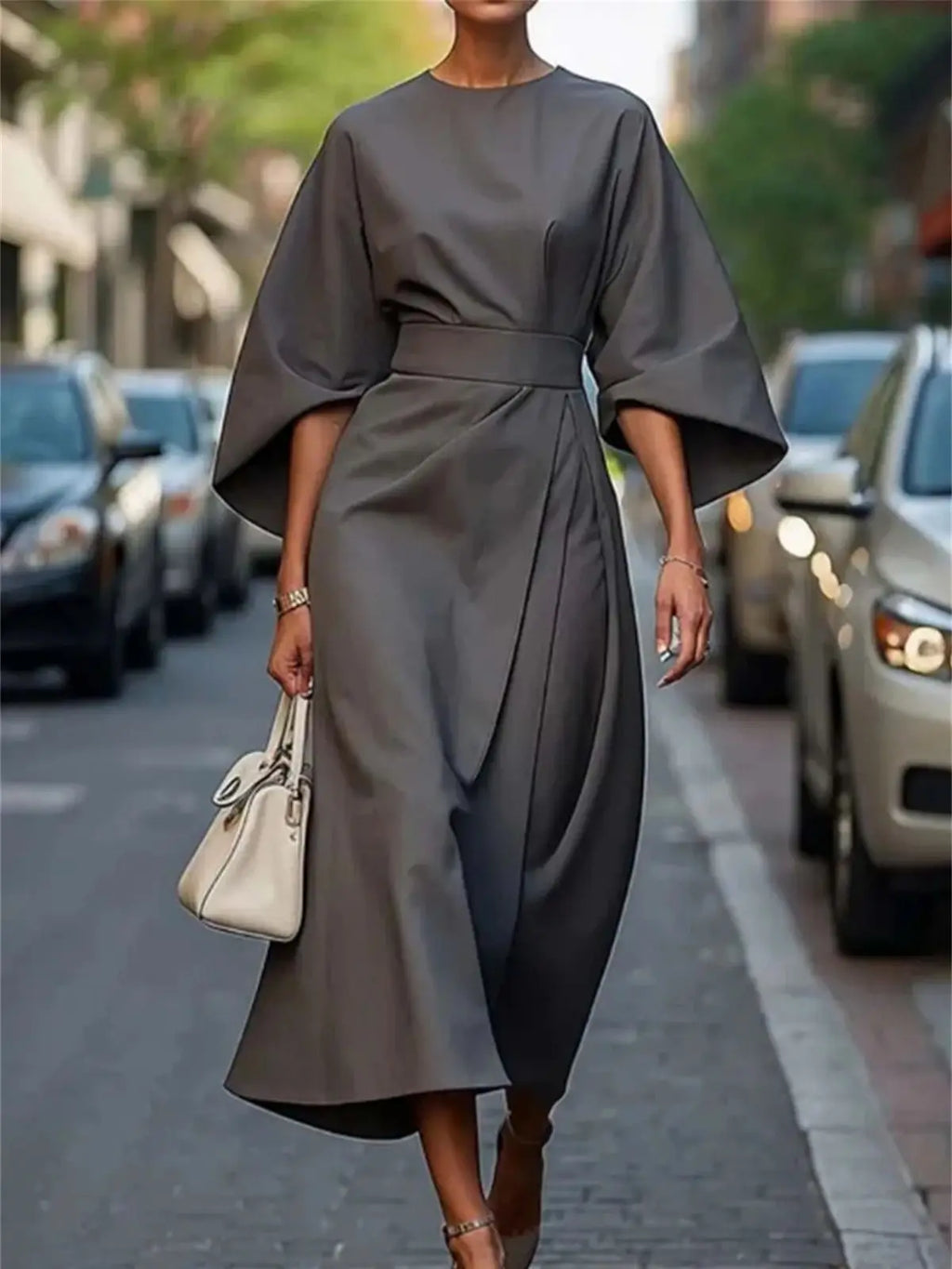 Women's Midi Dress - Structured A-Line - Belted Waist - Bell Sleeve Elegant Wear