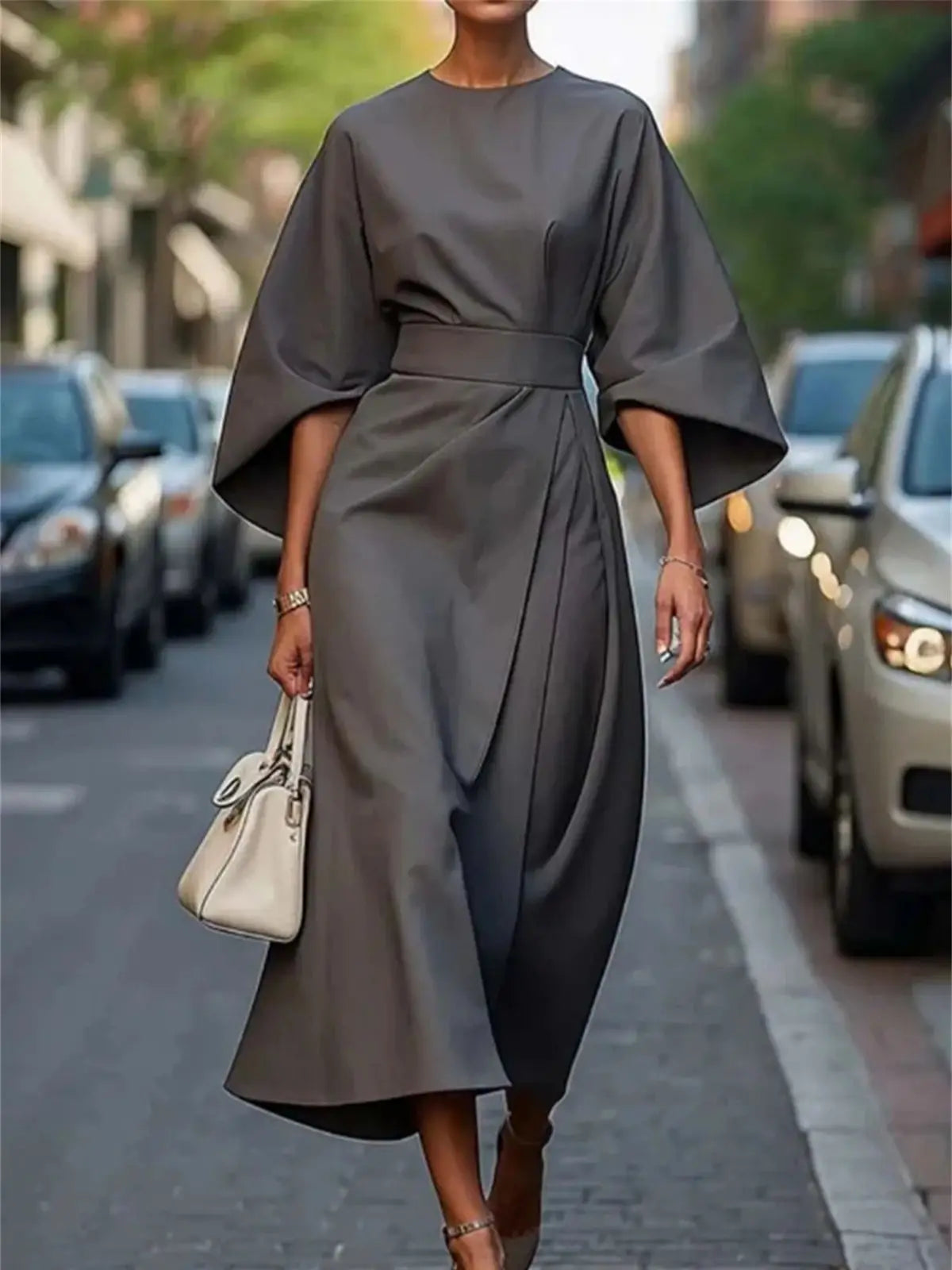 Women's Midi Dress - Structured A-Line - Belted Waist - Bell Sleeve Elegant Wear
