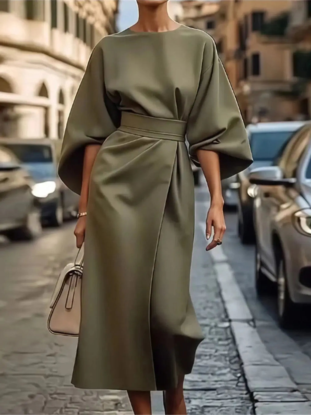 Women's Midi Dress - Structured A-Line - Belted Waist - Bell Sleeve Elegant Wear