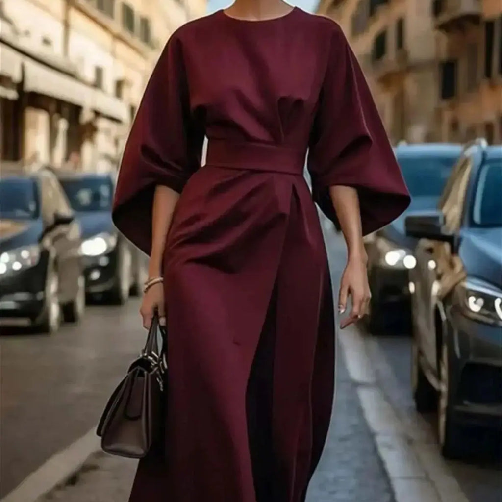 Women's Midi Dress - Structured A-Line - Belted Waist - Bell Sleeve Elegant Wear