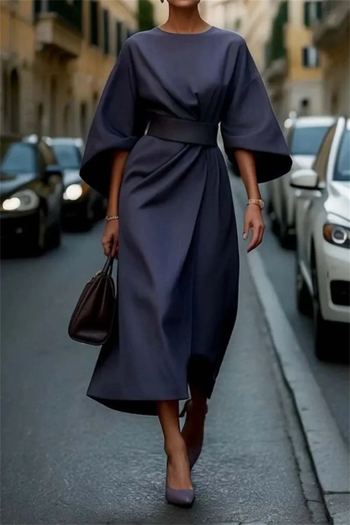 Women's Midi Dress - Structured A-Line - Belted Waist - Bell Sleeve Elegant Wear