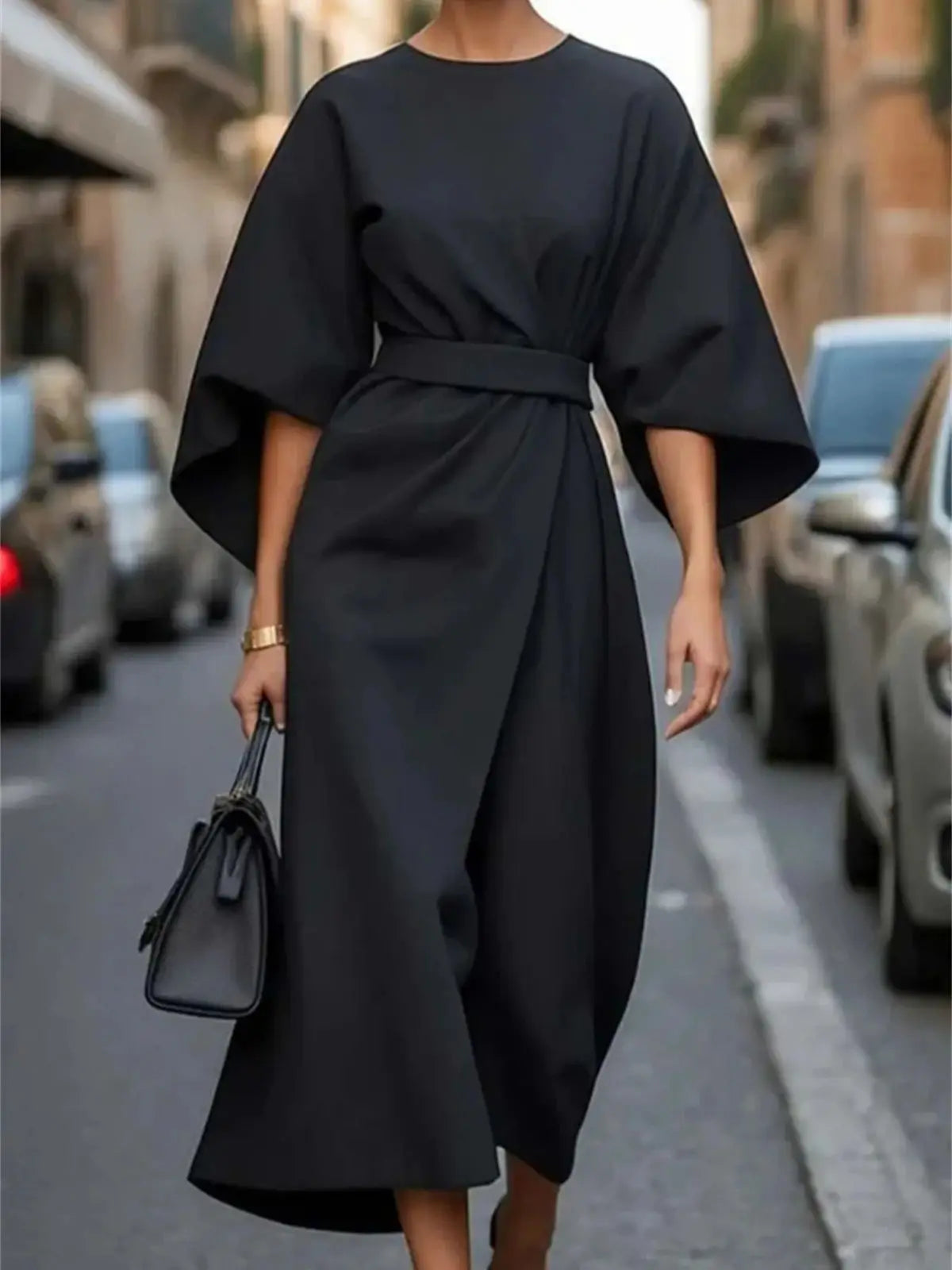 Women's Midi Dress - Structured A-Line - Belted Waist - Bell Sleeve Elegant Wear