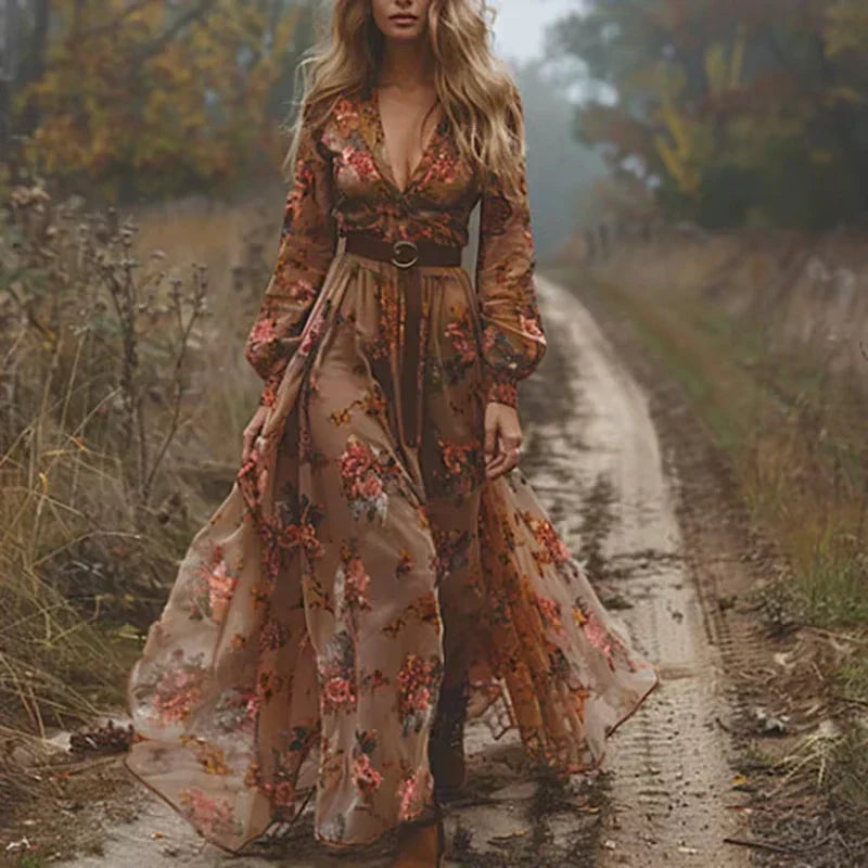 Women’s Maxi Dress – Boho Floral Print – Flowing Fit – Long Sleeve – Tiered Skirt