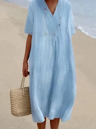 Women's Relaxed Fit Dress - V-Neck - Short Sleeve - Lightweight Breathable Fabric