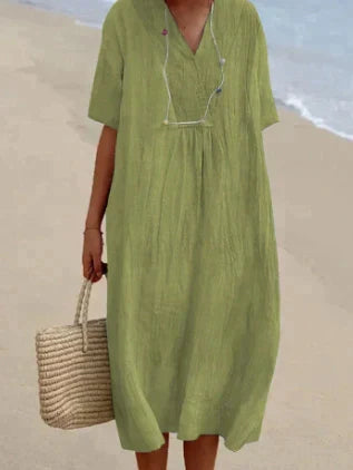 Women's Relaxed Fit Dress - V-Neck - Short Sleeve - Lightweight Breathable Fabric