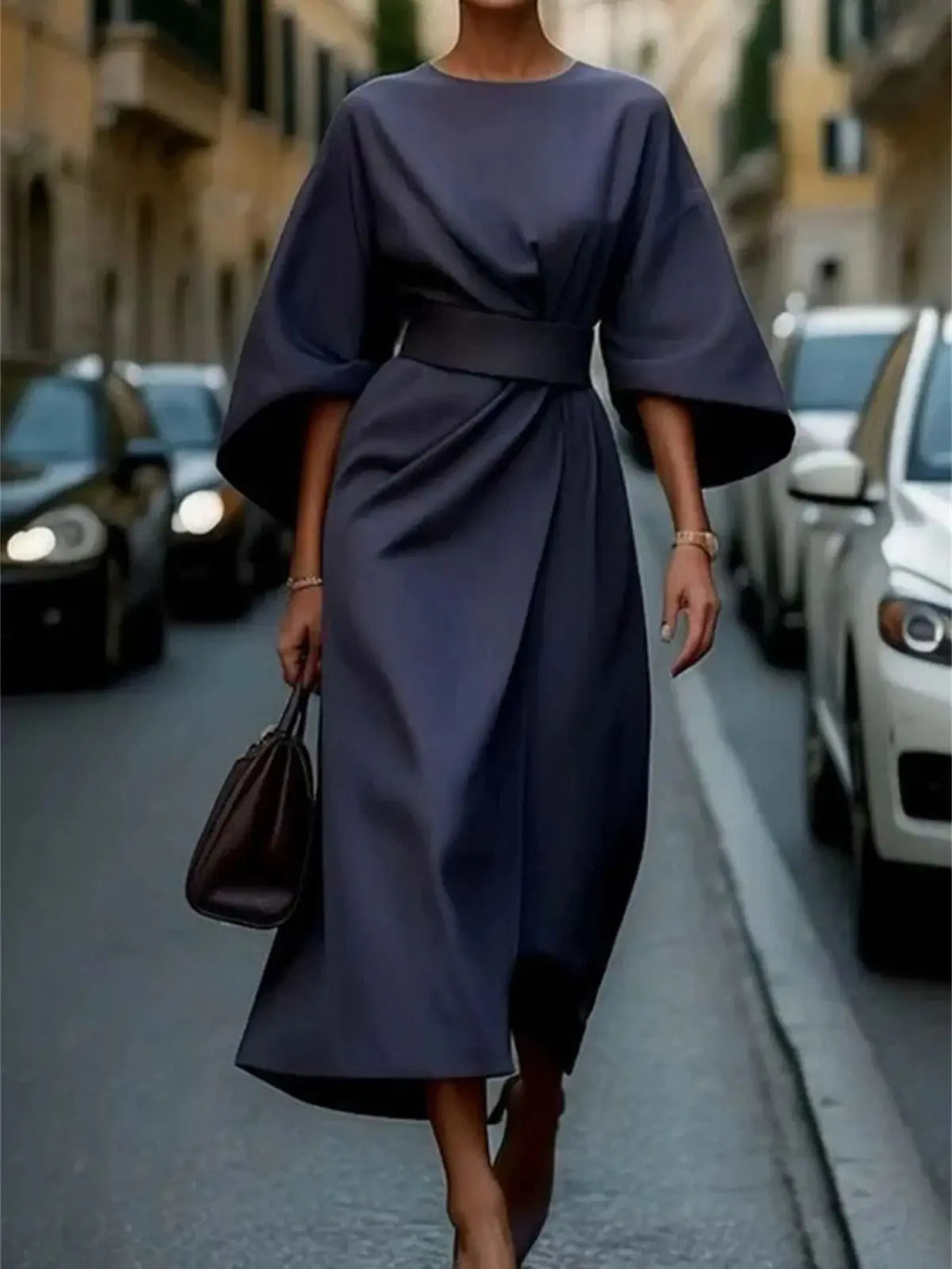 Women's Midi Dress - Structured A-Line - Belted Waist - Bell Sleeve Elegant Wear