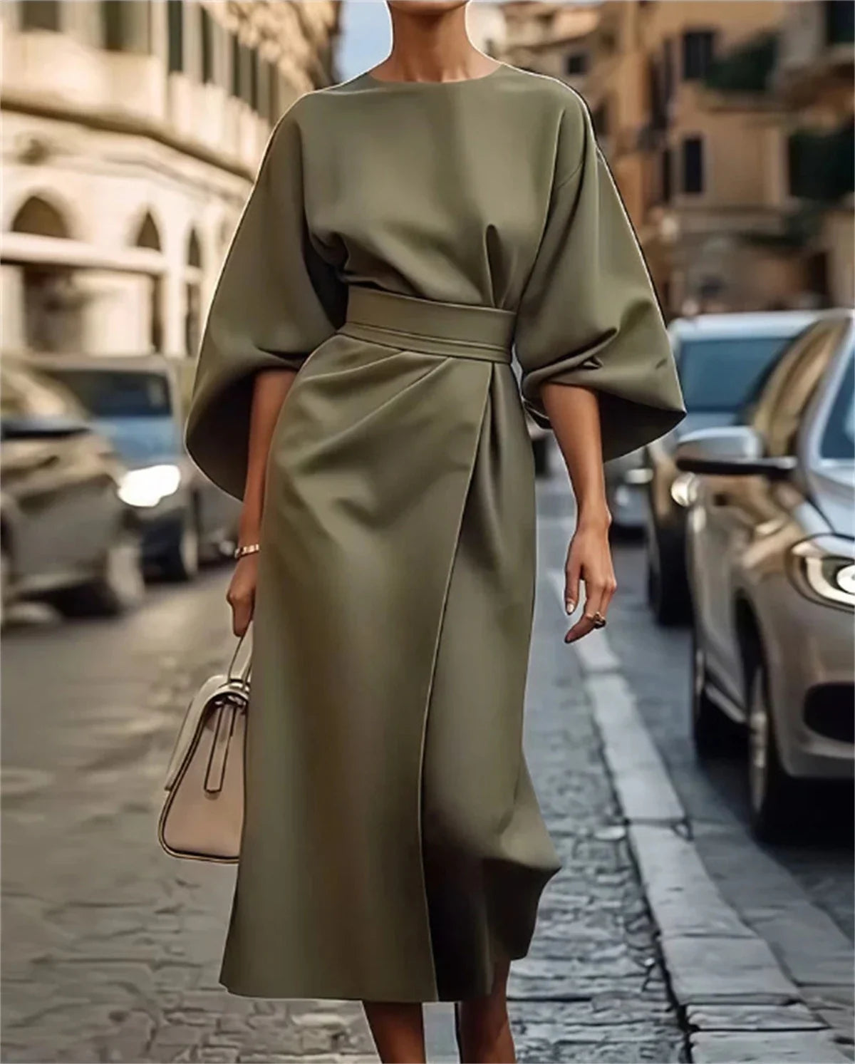 Women's Midi Dress - Structured A-Line - Belted Waist - Bell Sleeve Elegant Wear