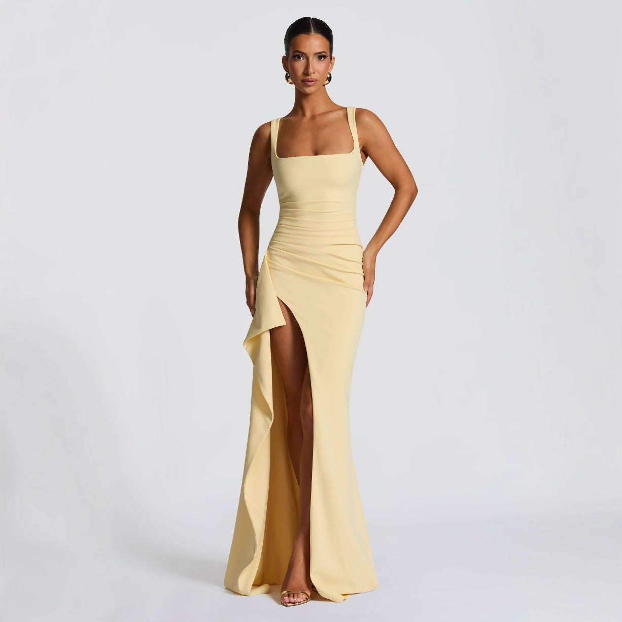 Women’s Evening Gown – Slim Fit – Satin Finish – Spaghetti Straps – High Slit – Open Back