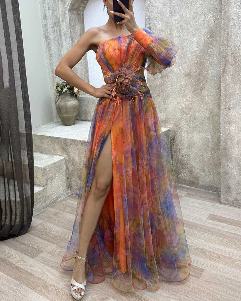 Women's One-Shoulder Evening Gown - Elegant Floral Print - Asymmetrical Sleeves - Side Cutouts