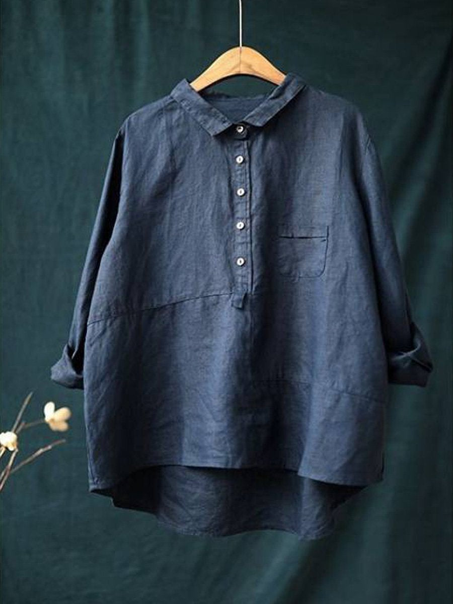 Women's lapel neck cotton casual solid colour  long sleeve shirt