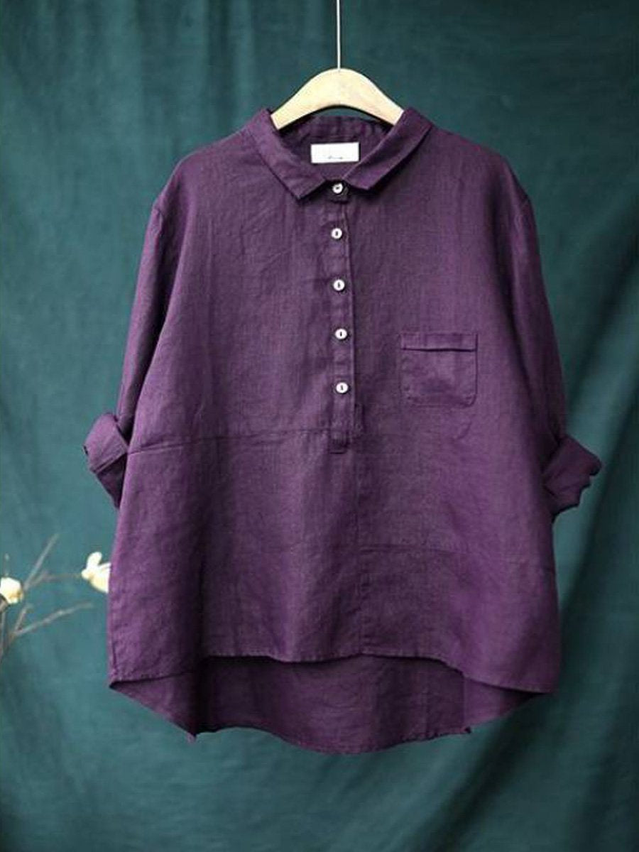 Women's lapel neck cotton casual solid colour  long sleeve shirt