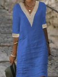 Women's Casual Dress - V-Neck Lace Trim - Relaxed Fit 3/4 Sleeve