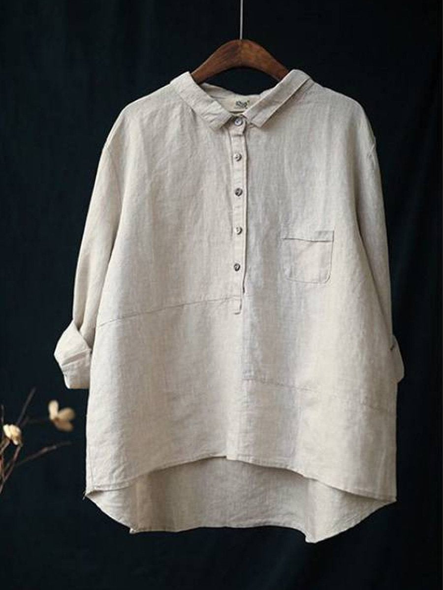 Women's lapel neck cotton casual solid colour  long sleeve shirt