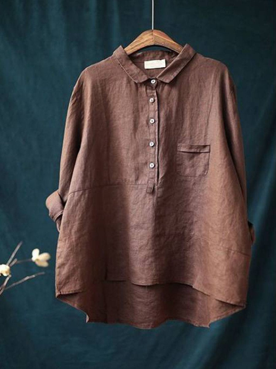 Women's lapel neck cotton casual solid colour  long sleeve shirt